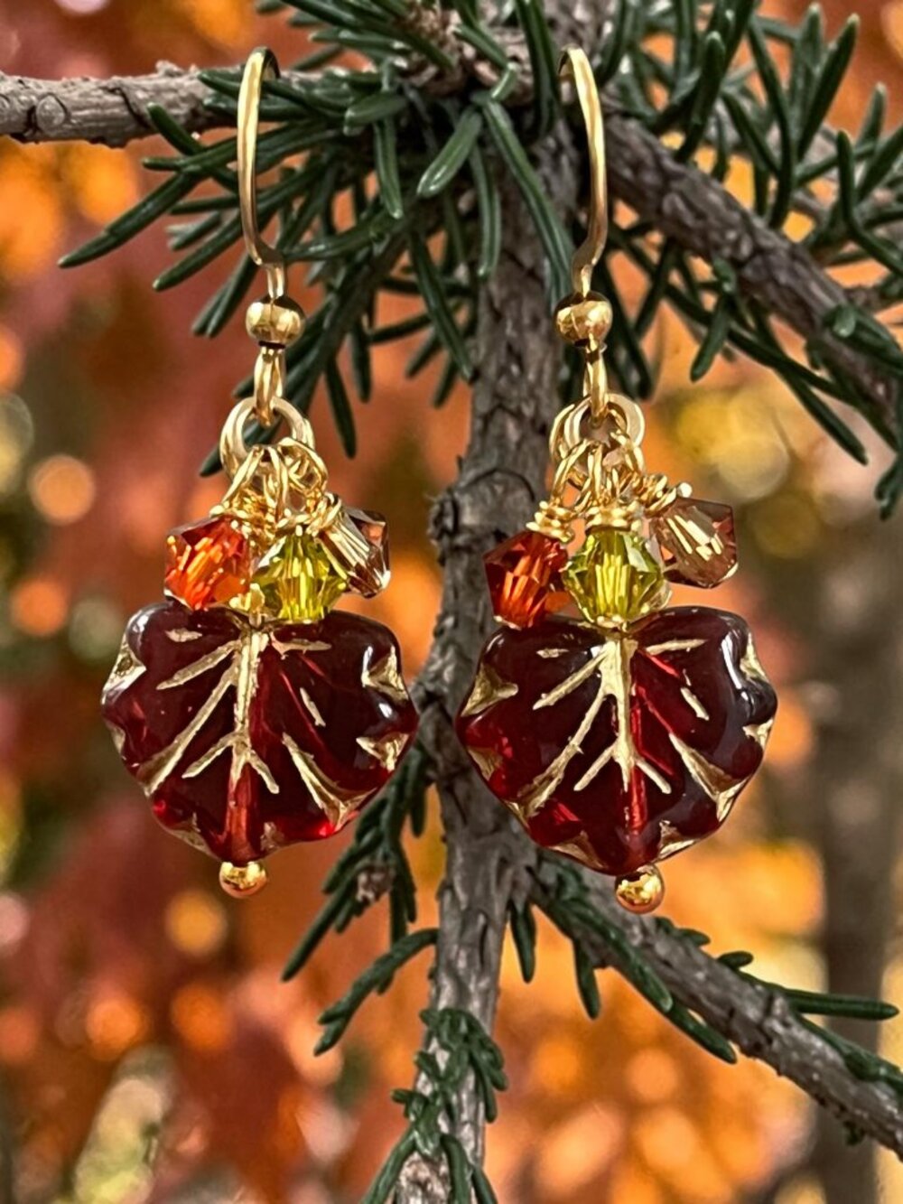 Fall Colors Red Leaf Dangle Earrings | Czech Glass and Swarovski Crystal